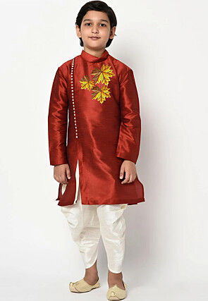 Embroidered Dupion Silk Kurta Set in Dark Orange