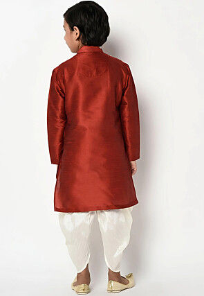 Embroidered Dupion Silk Kurta Set in Dark Orange