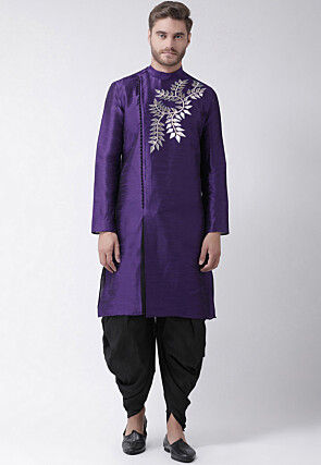 Embroidered Dupion Silk Kurta Set in Dark Purple
