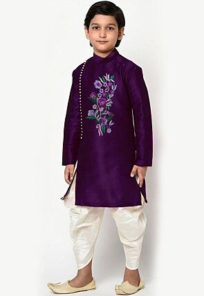 Embroidered Dupion Silk Kurta Set in Dark Purple
