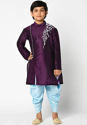 Embroidered Dupion Silk Kurta Set in Dark Purple