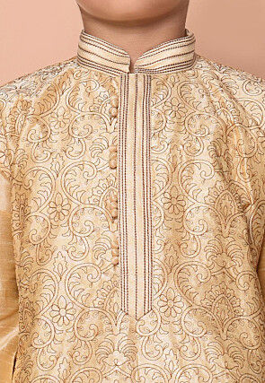 Embroidered Dupion Silk Kurta Set in Fawn