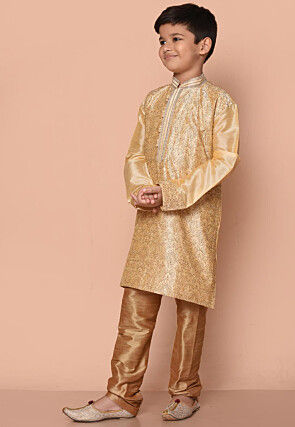 Embroidered Dupion Silk Kurta Set in Fawn
