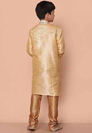 Embroidered Dupion Silk Kurta Set in Fawn