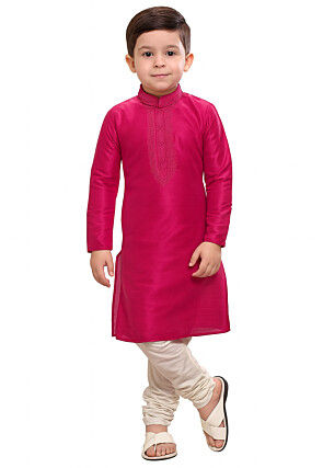 Embroidered Dupion Silk Kurta Set in Fuchsia