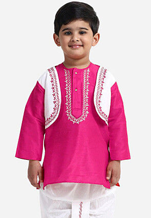 Embroidered Dupion Silk Kurta Set in Fuchsia