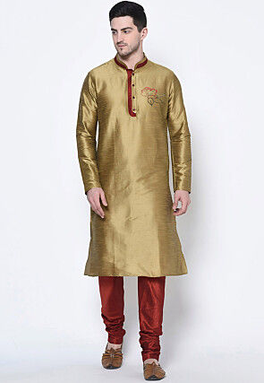 Embroidered Dupion Silk Kurta Set in Golden
