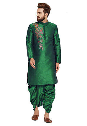 Embroidered Dupion Silk Kurta Set in Green