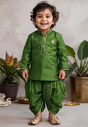 Embroidered Dupion Silk Kurta Set in Green