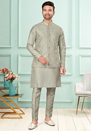 Embroidered Dupion Silk Kurta Set in Grey