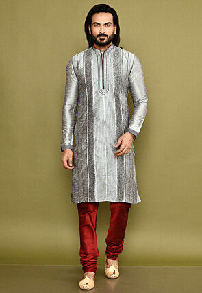Embroidered Dupion Silk Kurta Set in Grey