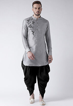 Embroidered Dupion Silk Kurta Set in Grey