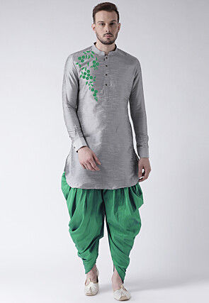 Embroidered Dupion Silk Kurta Set in Grey