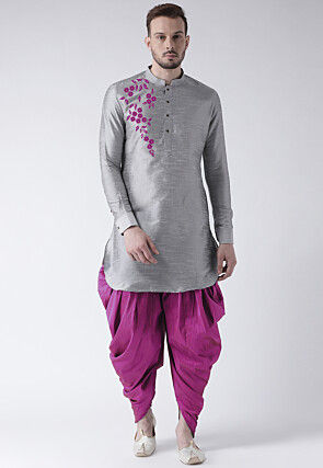 Embroidered Dupion Silk Kurta Set in Grey