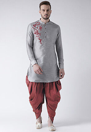 Embroidered Dupion Silk Kurta Set in Grey
