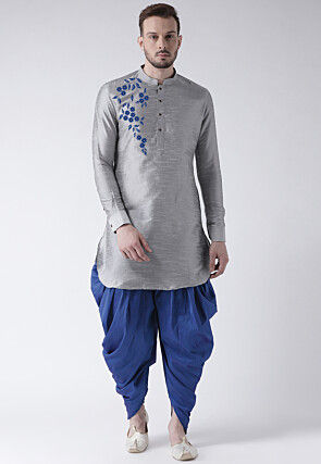 Embroidered Dupion Silk Kurta Set in Grey