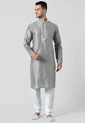 Embroidered Dupion Silk Kurta Set in Grey