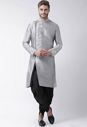 Embroidered Dupion Silk Kurta Set in Grey