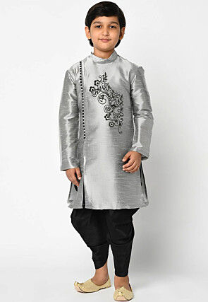 Embroidered Dupion Silk Kurta Set in Grey