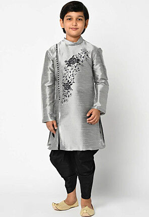 Embroidered Dupion Silk Kurta Set in Grey