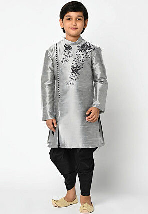 Embroidered Dupion Silk Kurta Set in Grey