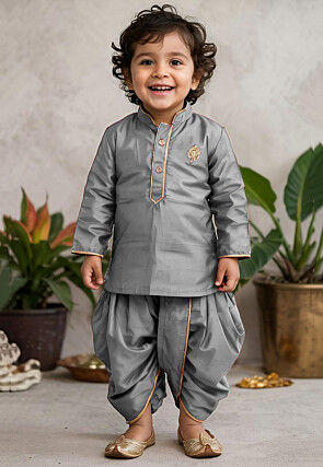 Embroidered Dupion Silk Kurta Set in Grey