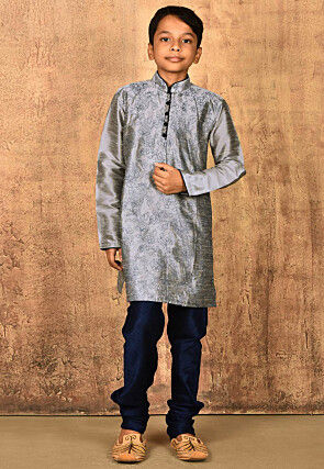 Embroidered Dupion Silk Kurta Set in Grey