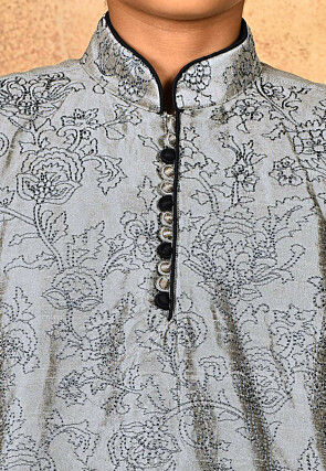 Embroidered Dupion Silk Kurta Set in Grey