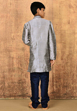 Embroidered Dupion Silk Kurta Set in Grey