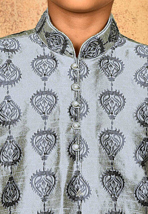 Embroidered Dupion Silk Kurta Set in Grey