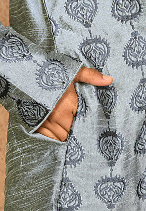 Embroidered Dupion Silk Kurta Set in Grey