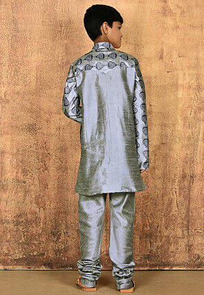 Embroidered Dupion Silk Kurta Set in Grey