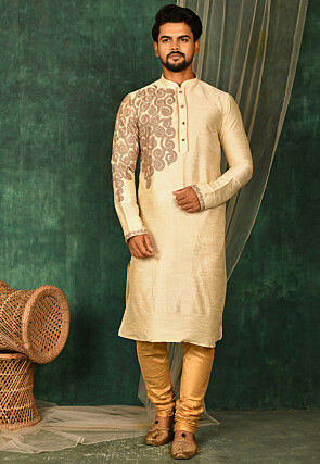 Embroidered Dupion Silk Kurta Set in Light Beige