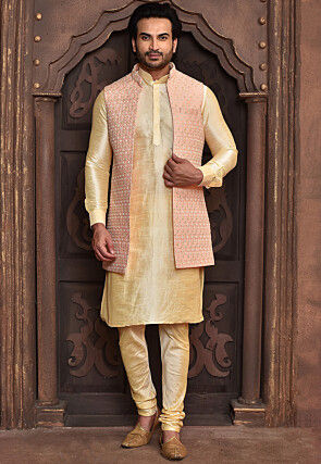 Embroidered Dupion Silk Kurta Set in Light Beige and Peach