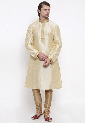 Embroidered Dupion Silk Kurta Set in Light Beige