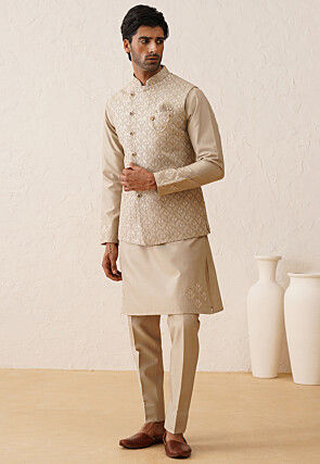 Embroidered Dupion Silk Kurta Set in Light Beige