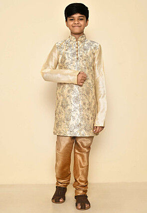 Embroidered Dupion Silk Kurta Set in Light Beige
