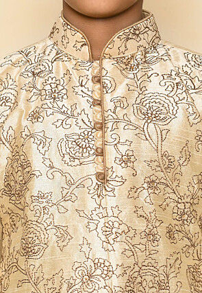 Embroidered Dupion Silk Kurta Set in Light Beige