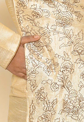 Embroidered Dupion Silk Kurta Set in Light Beige