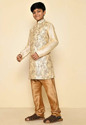Embroidered Dupion Silk Kurta Set in Light Beige