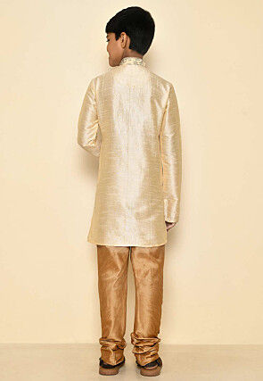 Embroidered Dupion Silk Kurta Set in Light Beige