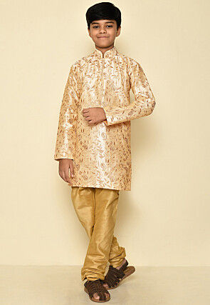 Embroidered Dupion Silk Kurta Set in Light Beige