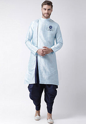 Embroidered Dupion Silk Kurta Set in Light Blue