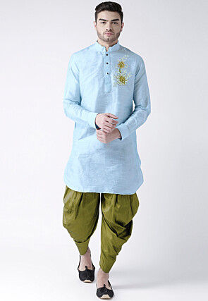 Embroidered Dupion Silk Kurta Set in Light Blue
