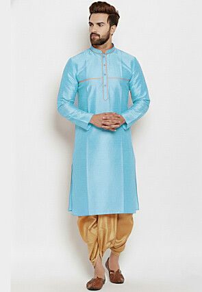Contrast Trim Dupion Silk Kurta Set in Light Blue