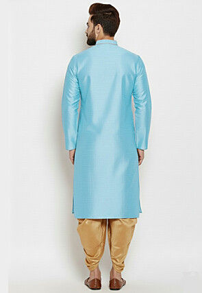 Contrast Trim Dupion Silk Kurta Set in Light Blue