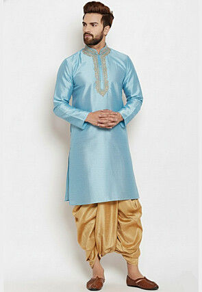 Embroidered Dupion Silk Kurta Set in Light Blue