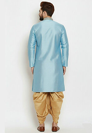 Embroidered Dupion Silk Kurta Set in Light Blue