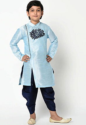 Embroidered Dupion Silk Kurta Set in Light Blue