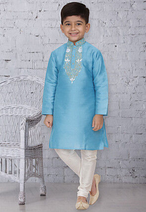 Embroidered Dupion Silk Kurta Set in Light Blue